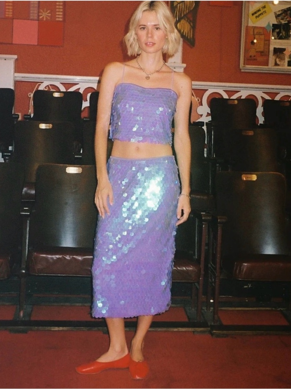 Lisa Says Gah, Siren midi skirt and Luca bag matching set Lilac Paillette Sequin
